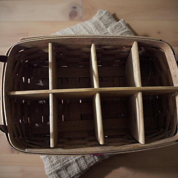 Longaberger Divided Organizer Basket w/ WoodCrafts 6-Section Insert, Leather Han - Picture 5 of 10